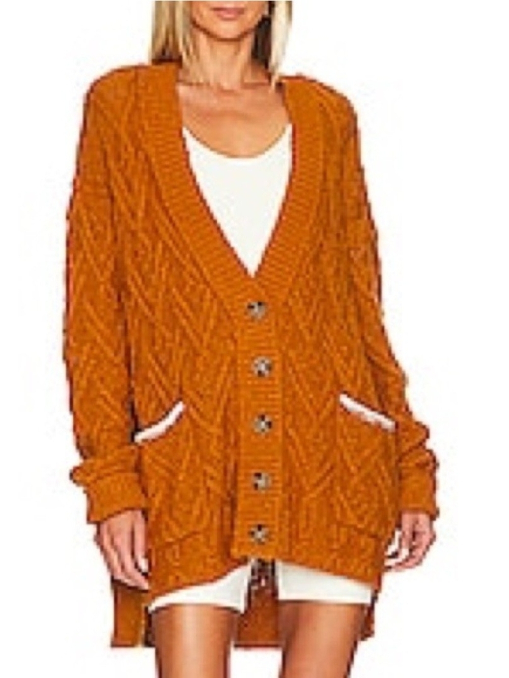 Free People Oversized Cable-Knit Cardigan in Burnt Orange